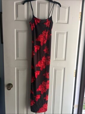 True Black Slip Dress with Red Floral Print Fully Lined - Size Small
